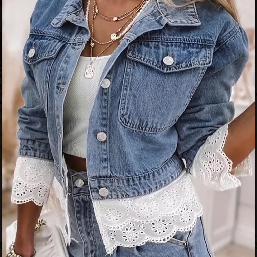 Denim Jean Jacket with Eyelet Lace Trim - Blue